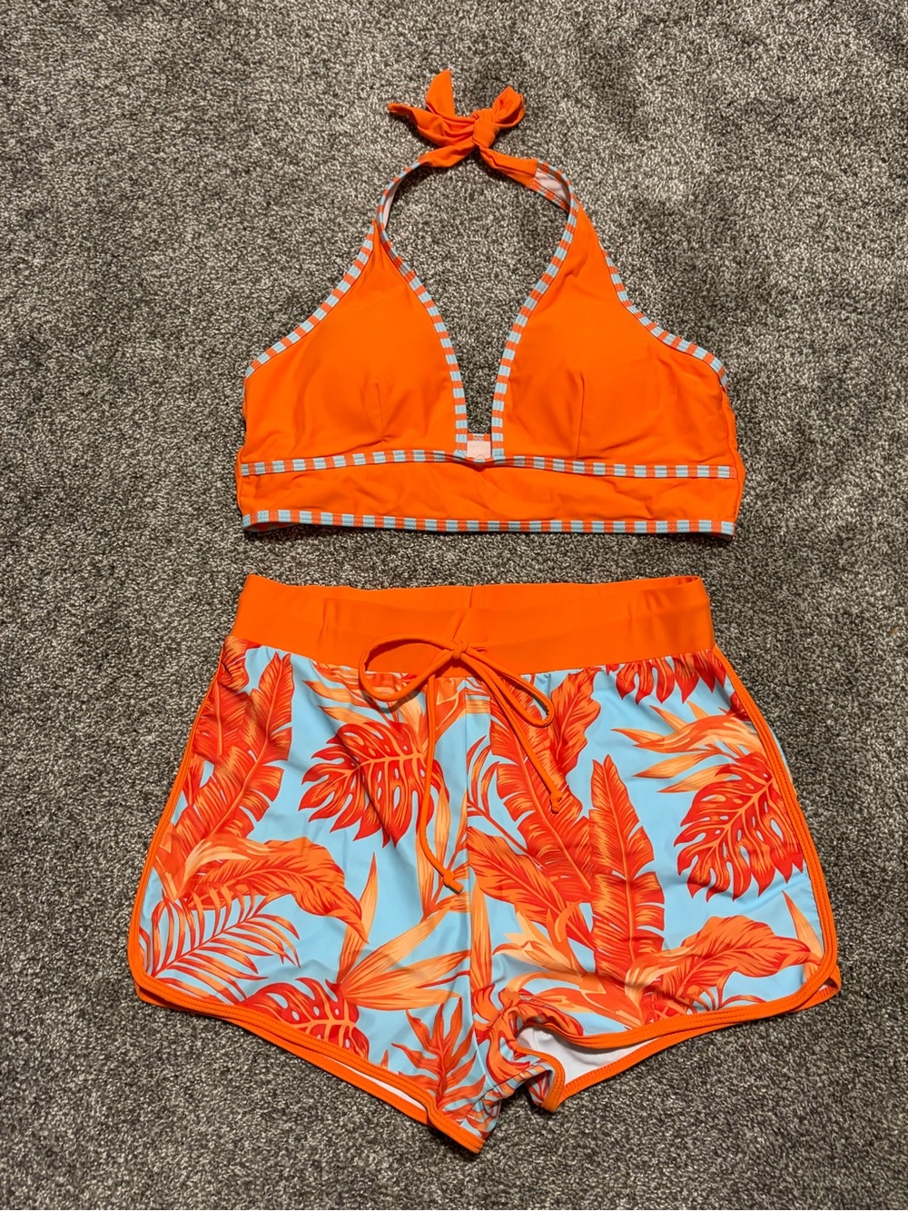 Bright Orange Halter Bikini Top with Tropical Print Shorts - Picture 2 of 8